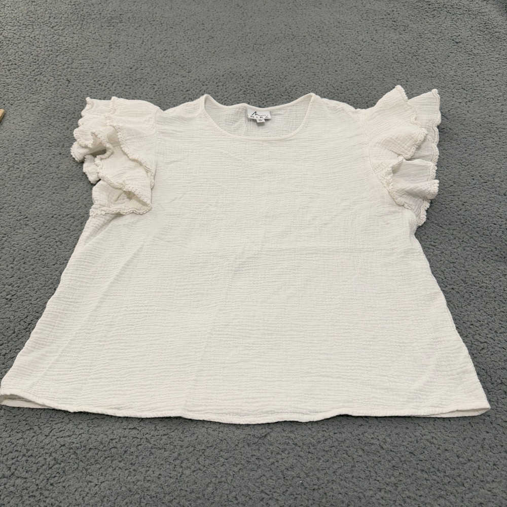 Mira Top Womens Large White 100% Cotton Gauze Flutter Sleeve Scallop Trim